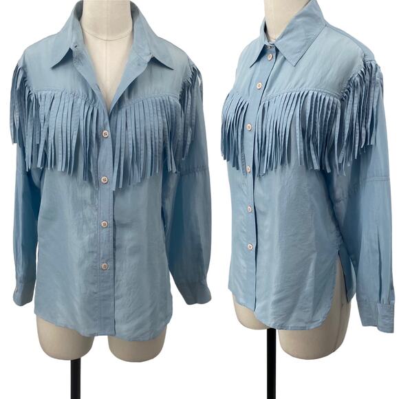 Vintage 90s Fringe Silk Button Down Shirt Blouse Western Light Blue Small Petite - Picture 1 of 7